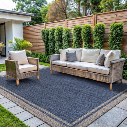 CAMILSON Outdoor Rug, 5x7 Bordered Navy Blue Gray Modern Area Rugs for Indoor and Outdoor Patios