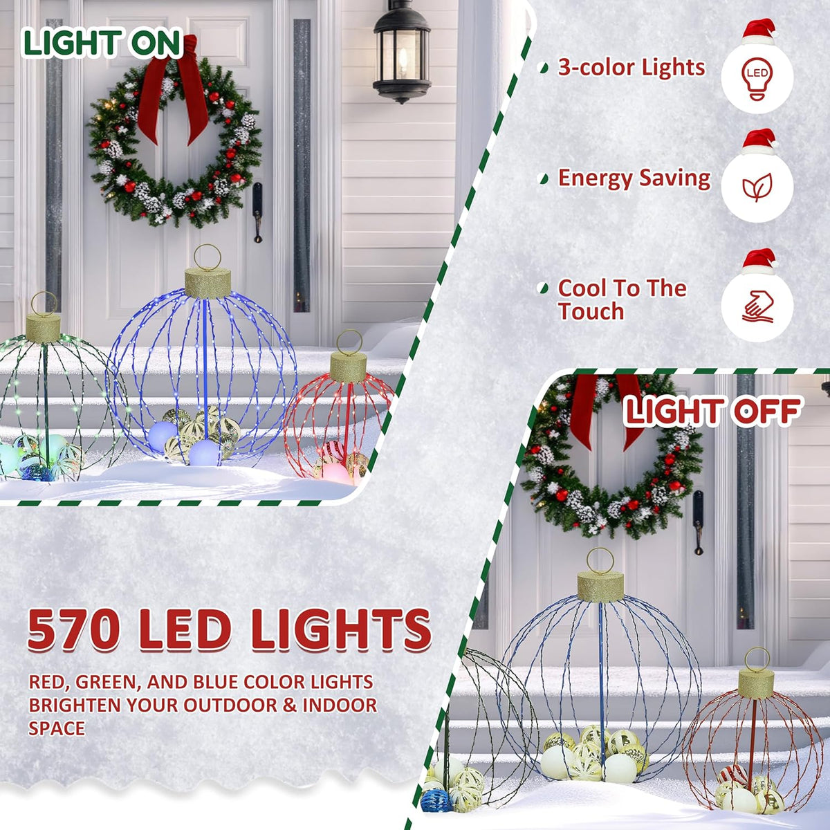 Outdoor Christmas Decorations, Set of 3 Lighted Christmas Ball Ornaments with 570 LED Lights, 6