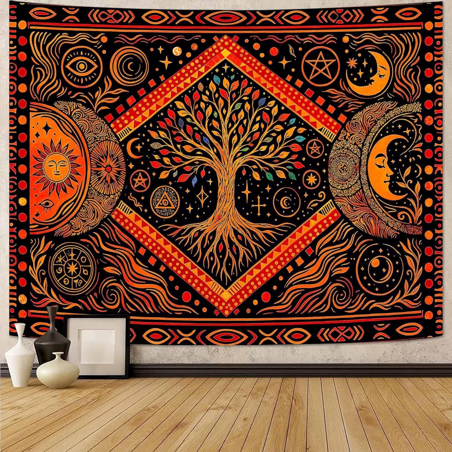 Lunerfex Tree of Life Sun Moon Stars Wall Tapestry, Cosmic Harmony Symbol Tapestries for Home