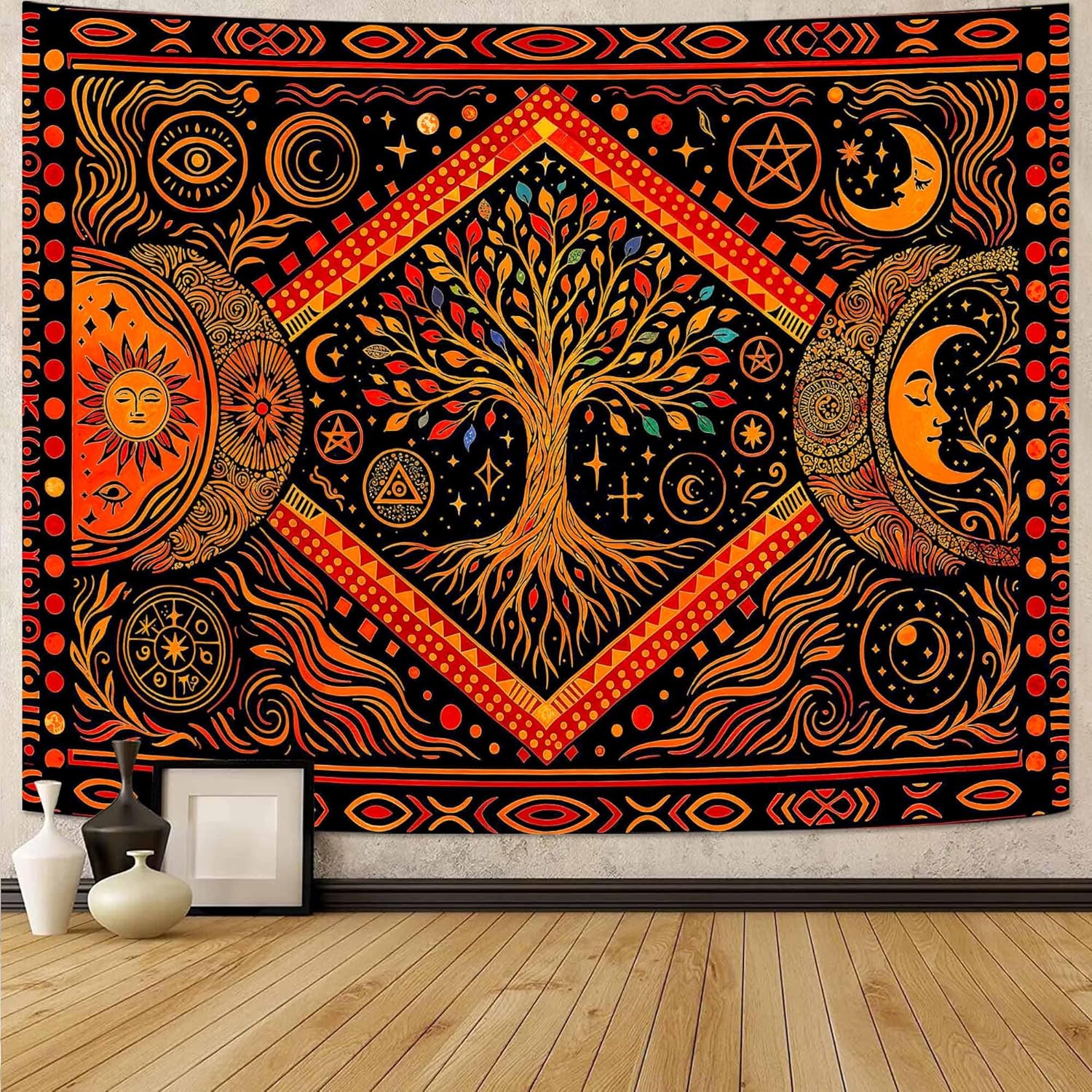 Lunerfex Tree of Life Sun Moon Stars Wall Tapestry, Cosmic Harmony Symbol Tapestries for Home