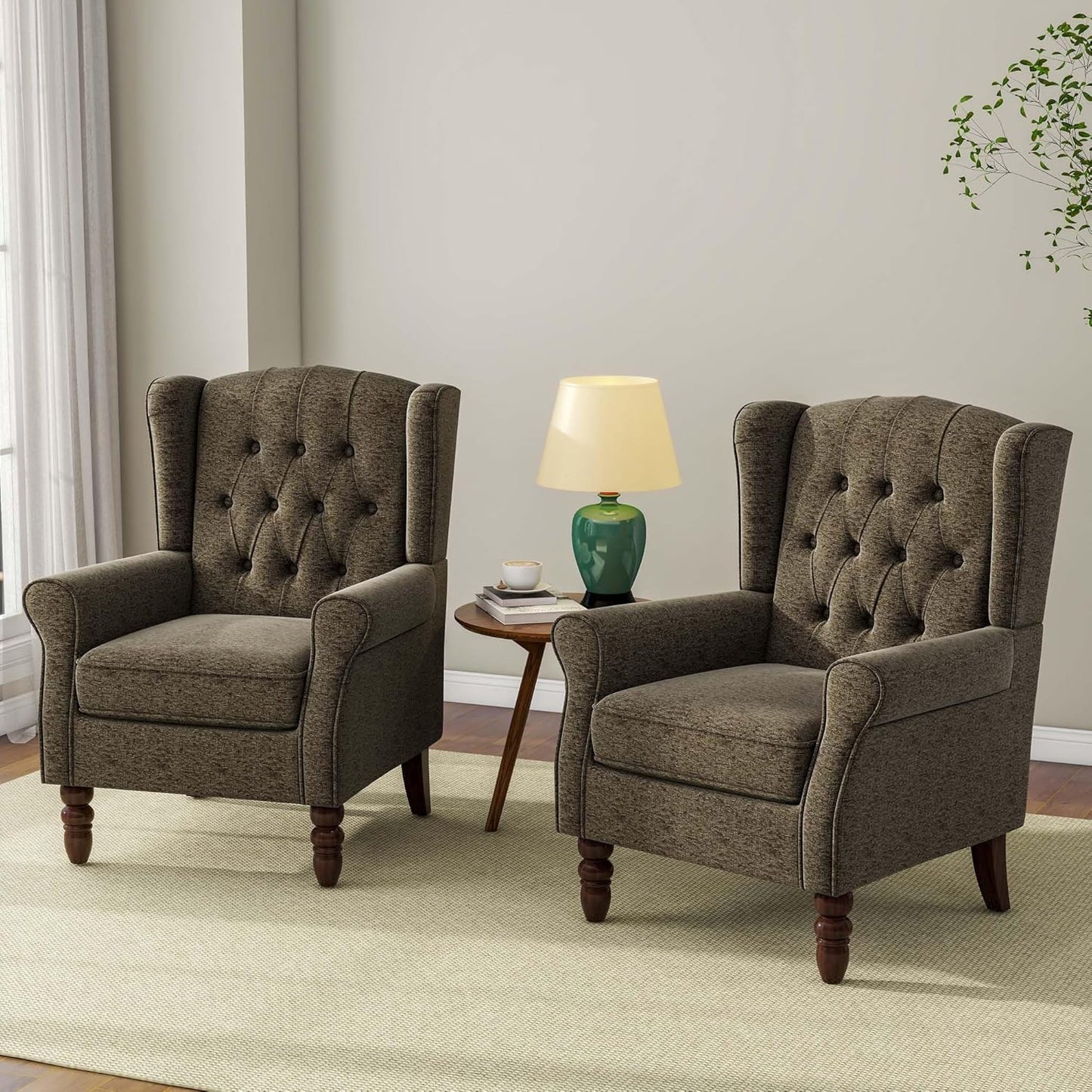 Accent Chair, Upholstered Armchair with Button Tufted High Back & Solid Wood Legs, Comfy Wingback