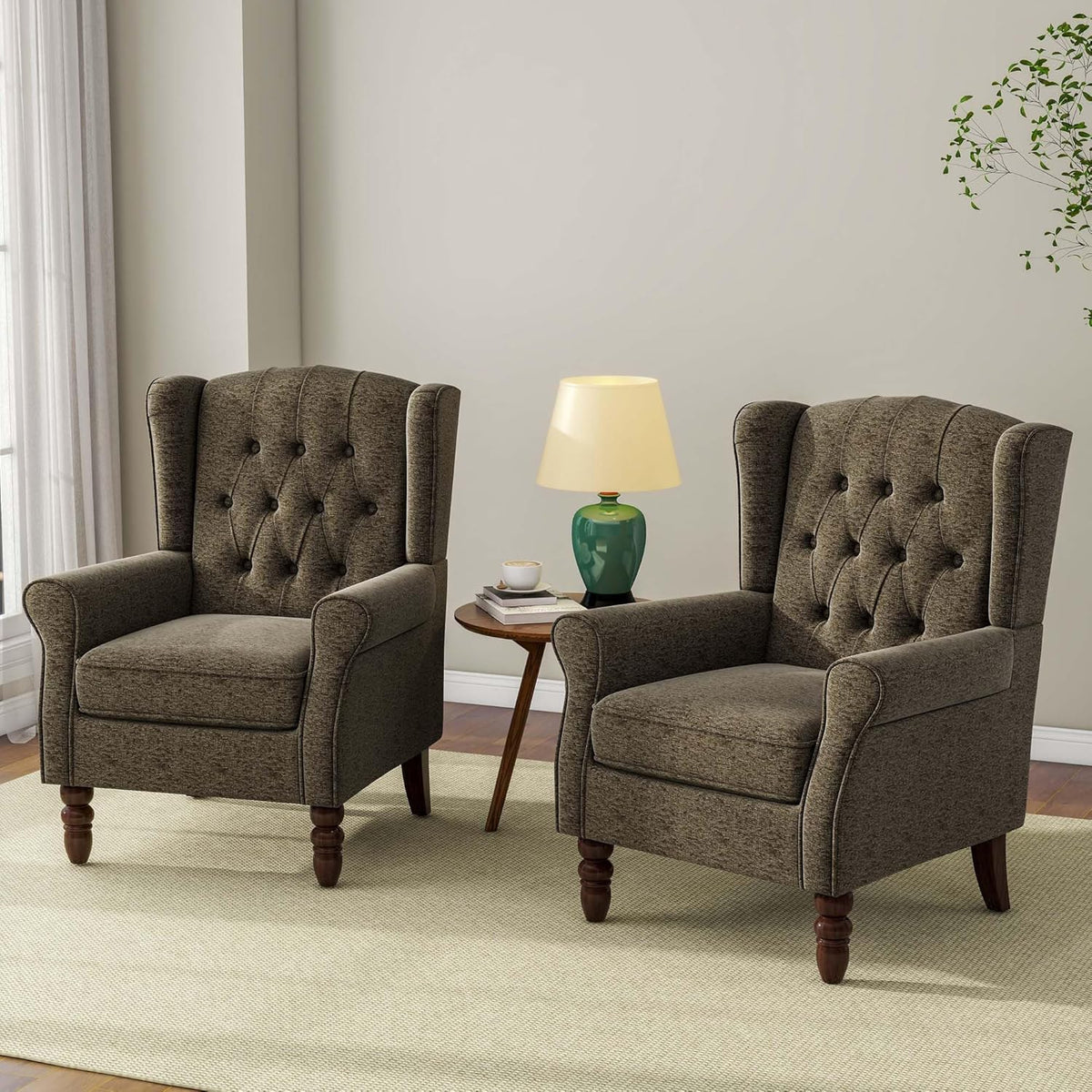 Accent Chair, Upholstered Armchair with Button Tufted High Back & Solid Wood Legs, Comfy Wingback