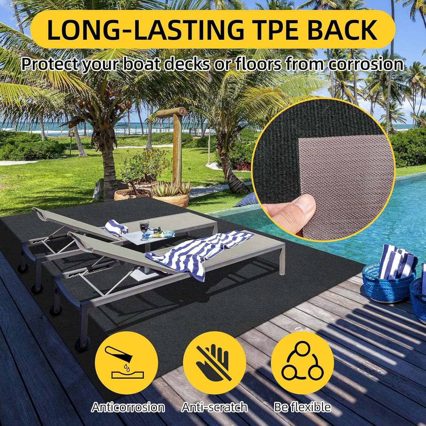 Marine Carpet,5 FT x 10 FT Black Indoor Outdoor Carpet 0.2" Thick Boat Carpet with Water-Proof TPE
