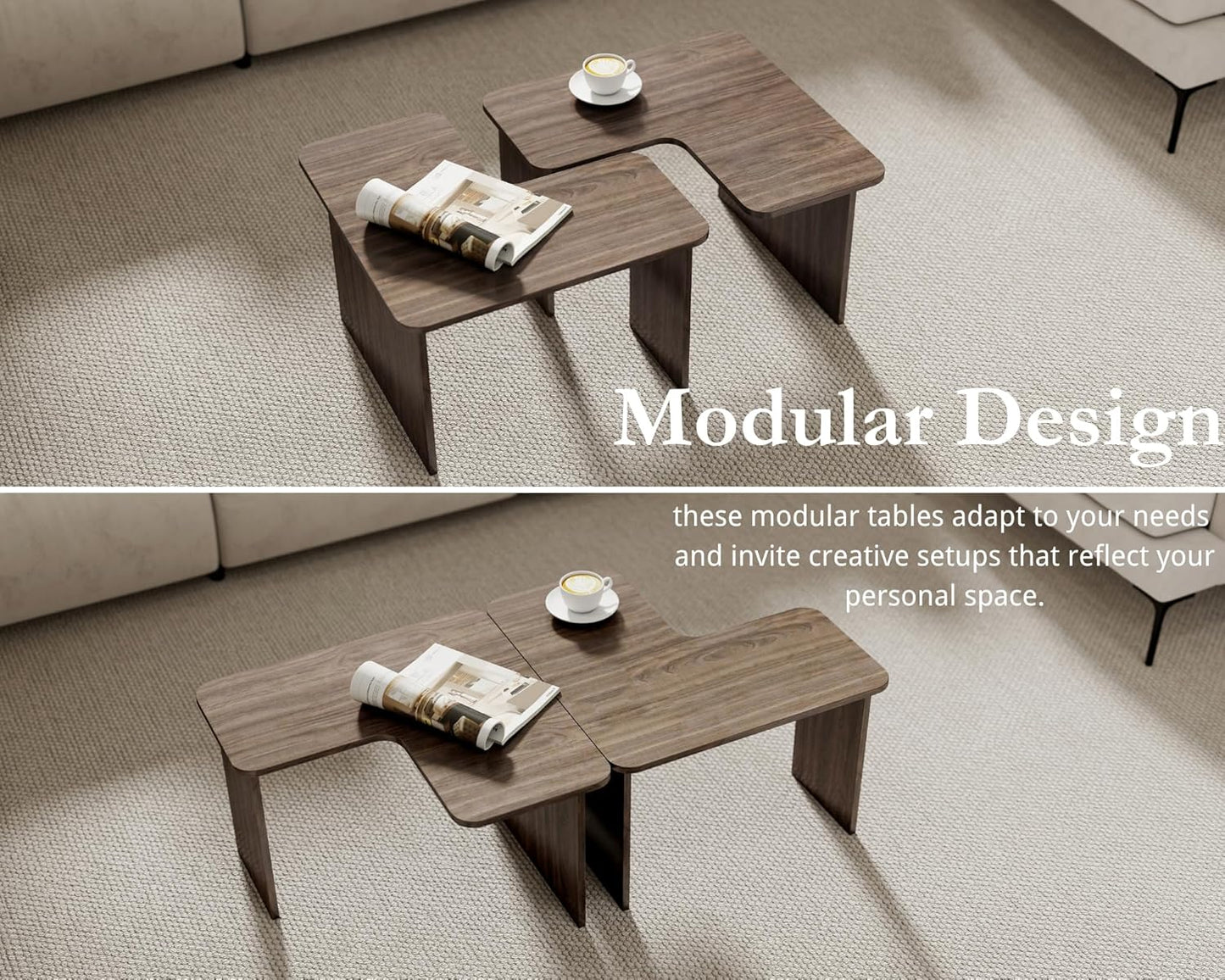 VESCASA Modern L Shaped Nesting Coffee Table Set of 2 Modular Rectangle Walnut Wood Table for