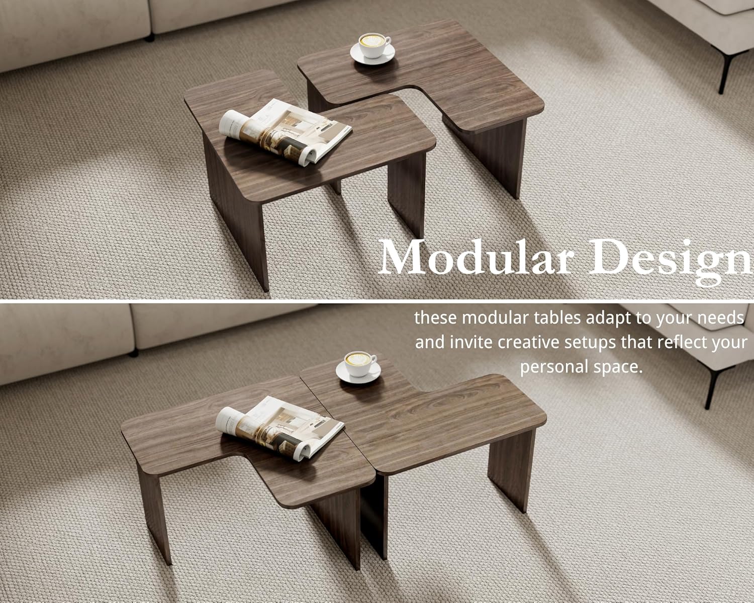 VESCASA Modern L Shaped Nesting Coffee Table Set of 2 Modular Rectangle Walnut Wood Table for