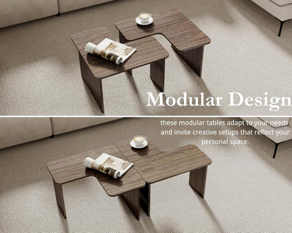 VESCASA Modern L Shaped Nesting Coffee Table Set of 2 Modular Rectangle Walnut Wood Table for