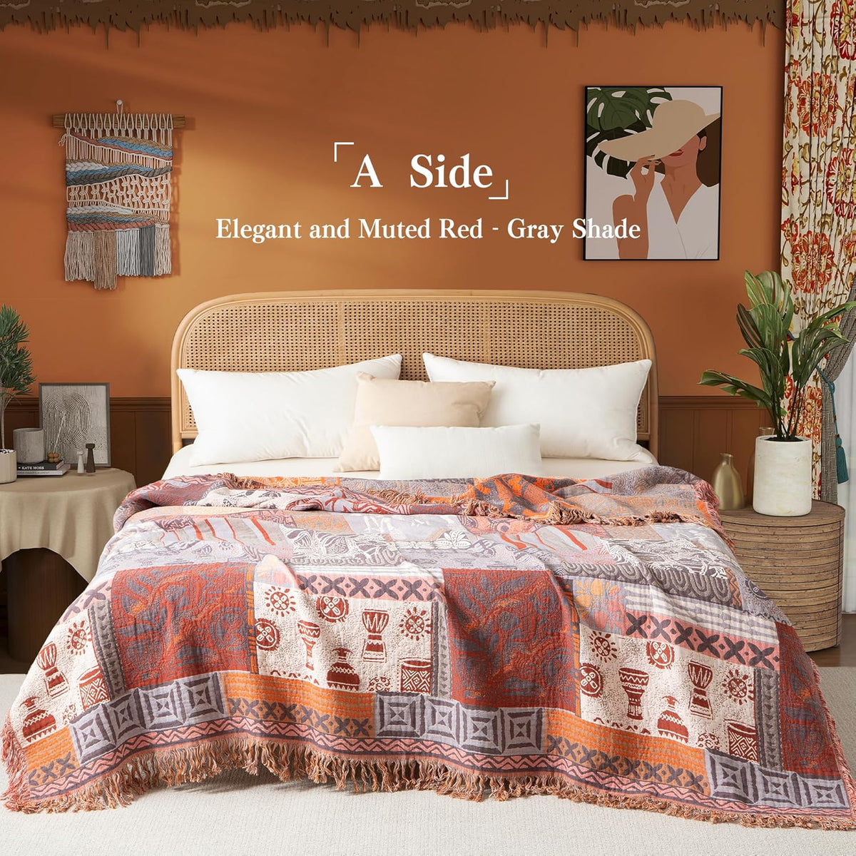 Boho Throw Blanket Full Size, Extra Large Soft Cozy Cotton Muslin Quilt Blanket for Bed Decor