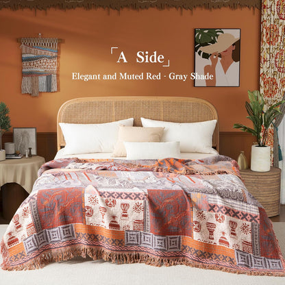 Boho Throw Blanket Full Size, Extra Large Soft Cozy Cotton Muslin Quilt Blanket for Bed Decor
