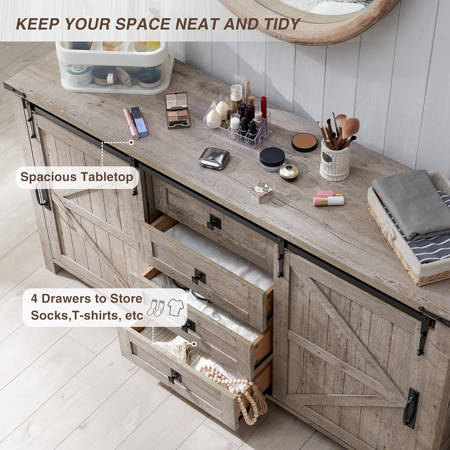 T4TREAM 60'' Farmhouse Dresser Chests for Bedroom w/4 Drawers & Sliding Barn Doors, Tall Chest of