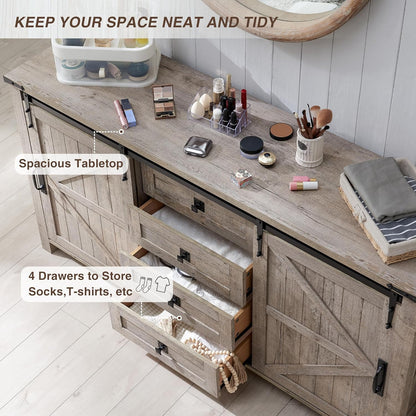T4TREAM 60'' Farmhouse Dresser Chests for Bedroom w/4 Drawers & Sliding Barn Doors, Tall Chest of