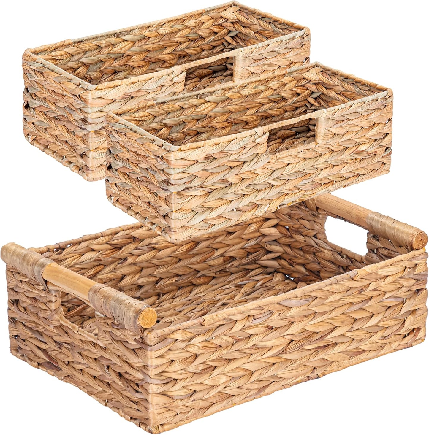 VATIMA Large Water Hyacinth Storage Baskets for Organizing with Wooden Handles for Shelves, 2