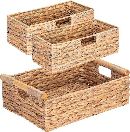 VATIMA Large Water Hyacinth Storage Baskets for Organizing with Wooden Handles for Shelves, 2