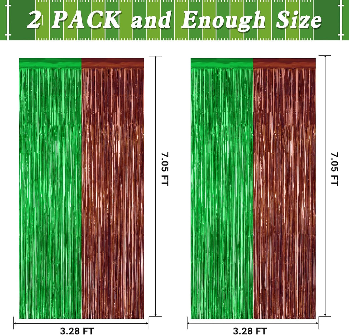 2 Pack Football Party Decorations, 3.28 FT x 7.05 FT Tinsel Backdrop, Brown Green Foil Fringe