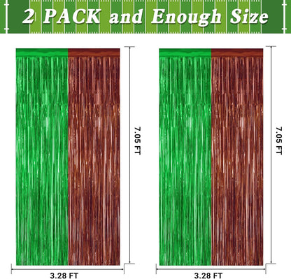 2 Pack Football Party Decorations, 3.28 FT x 7.05 FT Tinsel Backdrop, Brown Green Foil Fringe