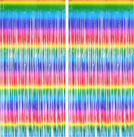 BRAVESHINE Fringe Backdrop Tinsel Foil Curtains - 2 Pack Colorful Metallic Streamers Backdrops for