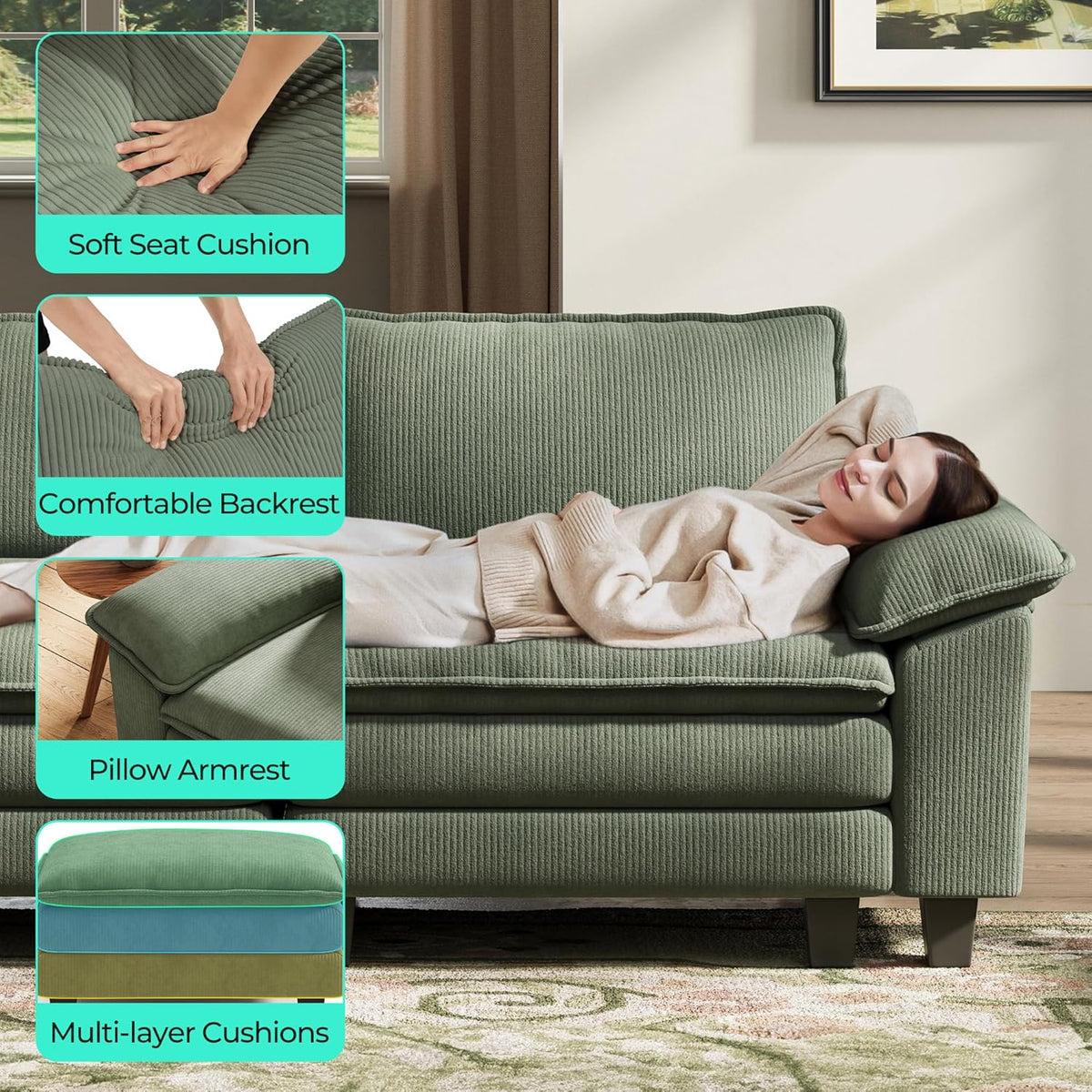 LINSY HOME Sectional Sleeper Sofa - 123'' Modular Cloud Couch Oversized Corduroy Sofa Bed with