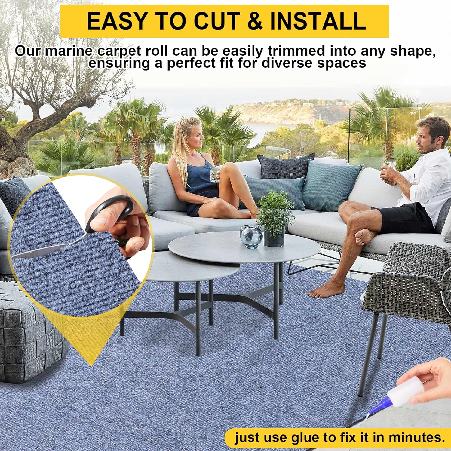 Marine Carpet,6 FT x 14 FT Blue-Gray Indoor Outdoor Carpet 0.2" Thick Boat Carpet with Water-Proof