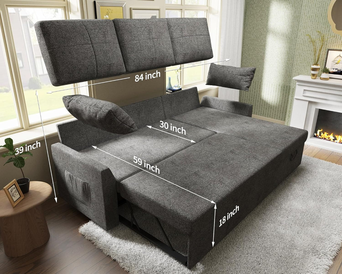 VanAcc Sleeper Sofa, Sofa Bed- 2 in 1 Pull Out Couch Bed with Storage Chaise, Sleeper Couch for