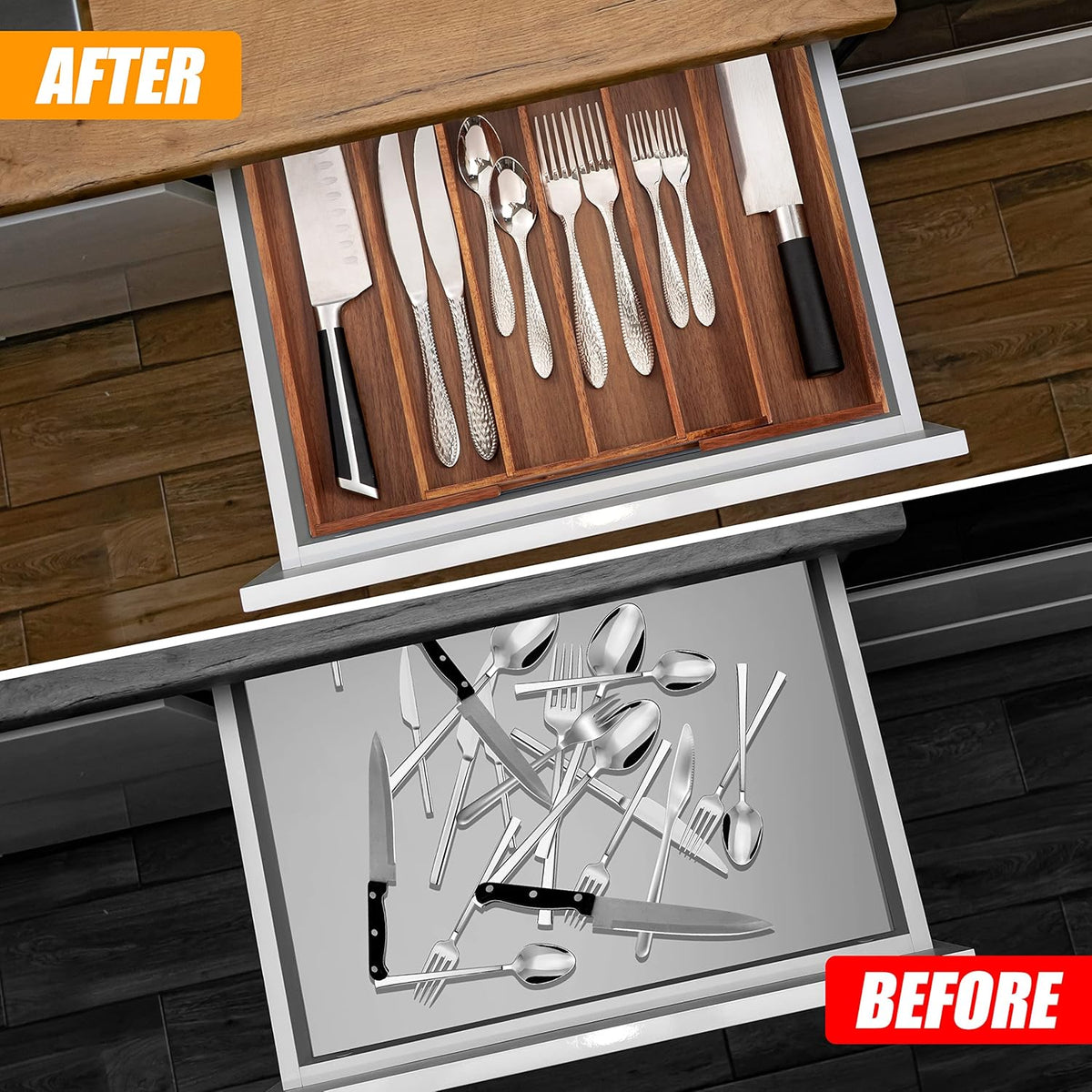 Bellsal Acacia Silverware Organizer Kitchen Drawer Organizer Expandable Bamboo Utensil Holder