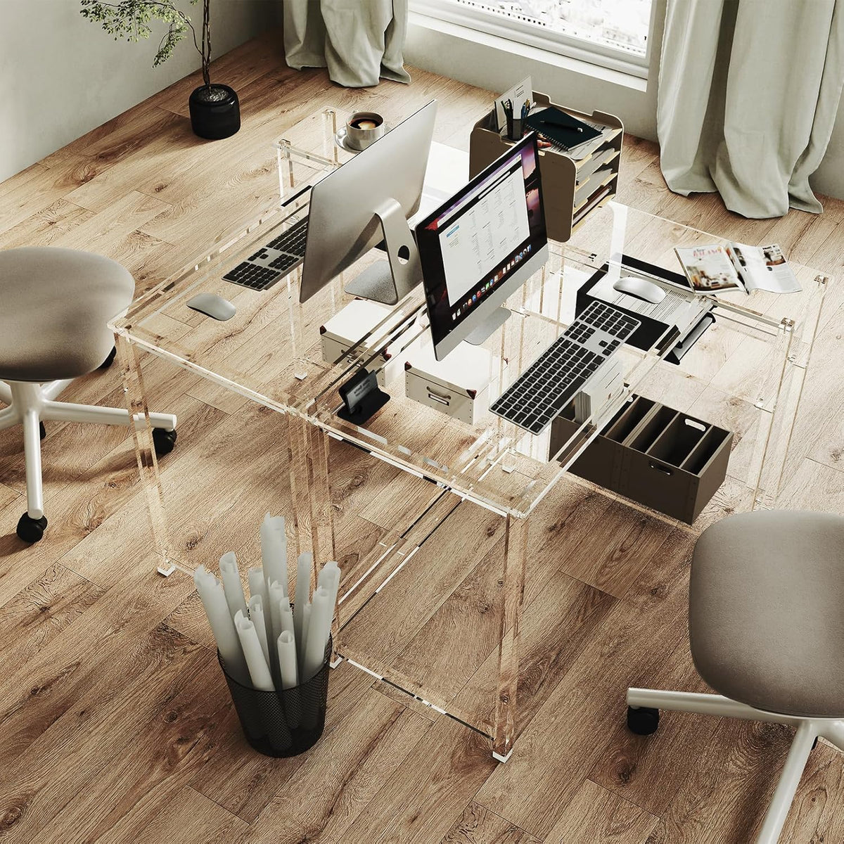 Eglaf Acrylic L-Shaped Desk - Clear Desk with Reversible Storage Shelves - Modern Home Office Desk
