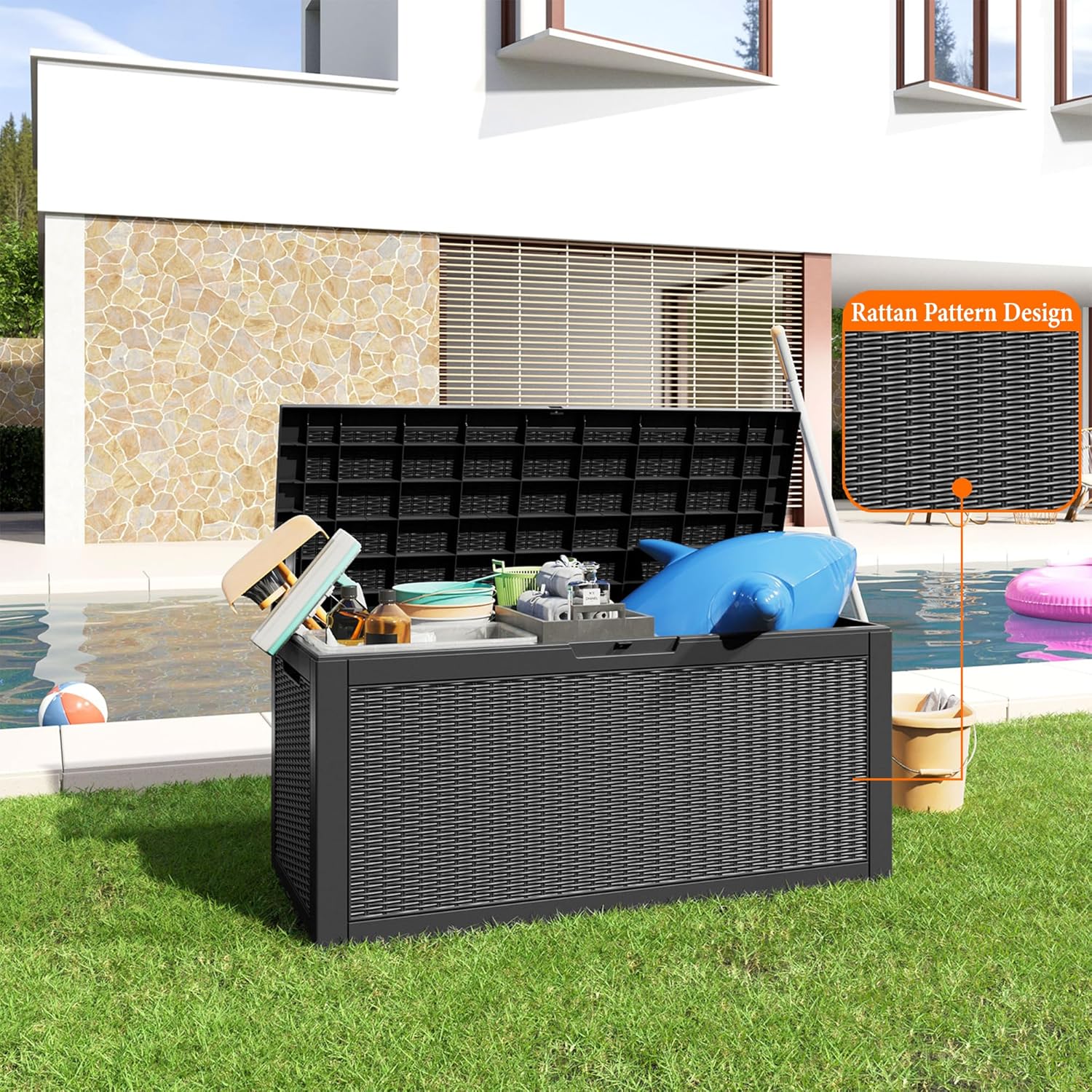 100 Gallon Resin Deck Box, Lockable Patio Outdoor Storage Box for Furniture, Garden Tools and Tools