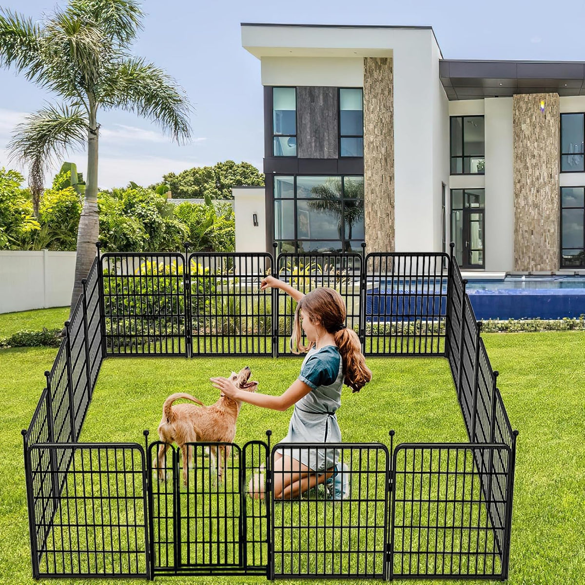 Garden Fence with Gate 32 in(H)×26.6 Ft(L) 12 Panels, Heavy Duty Iron Animal Barrier Fence for
