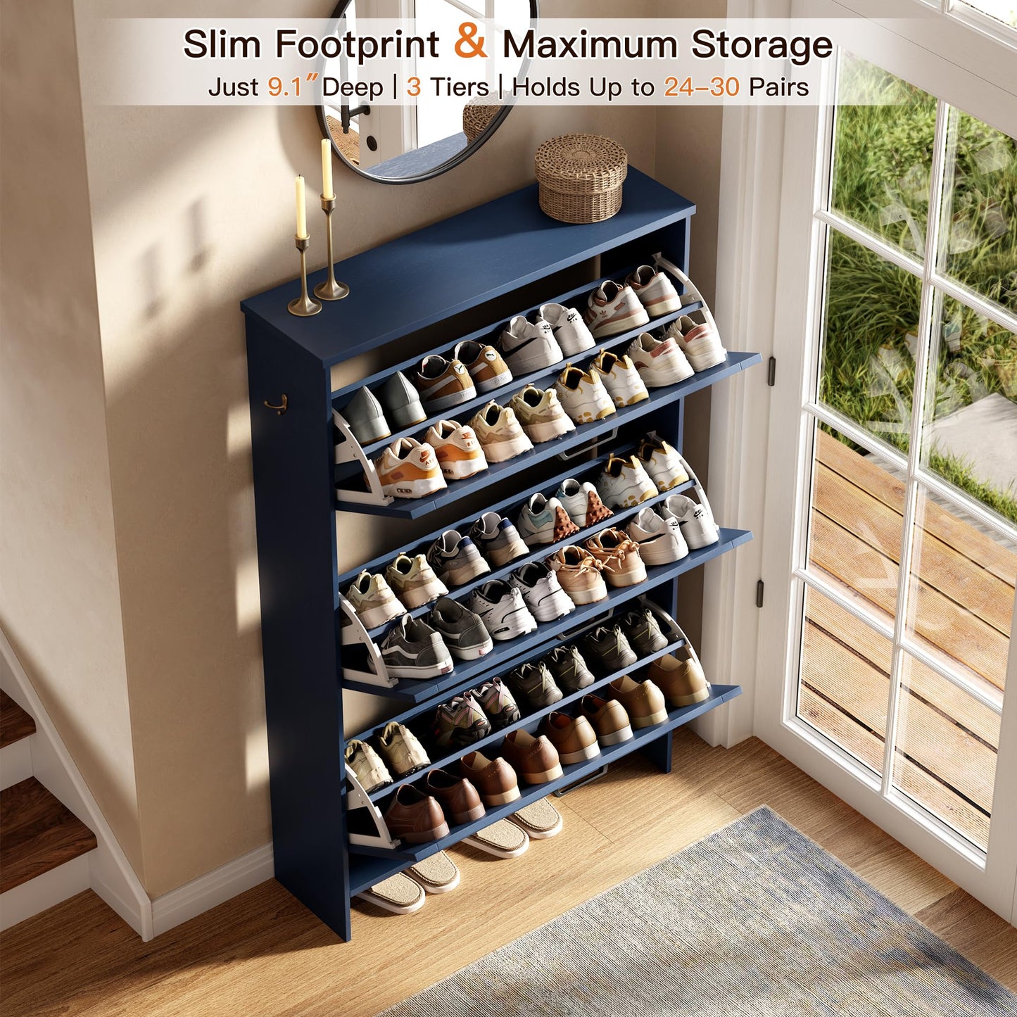 Nicetree Shoe Cabinet for Entryway, 3 Flip Drawers Shoe Storage Cabinet with 3-Tier Adjustable