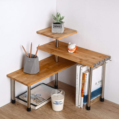 HYNAWIN Corner Shelf Bamboo & Metal Storage Spice Rack, 3 Tier Desk Bookshelf Display Shelves Space