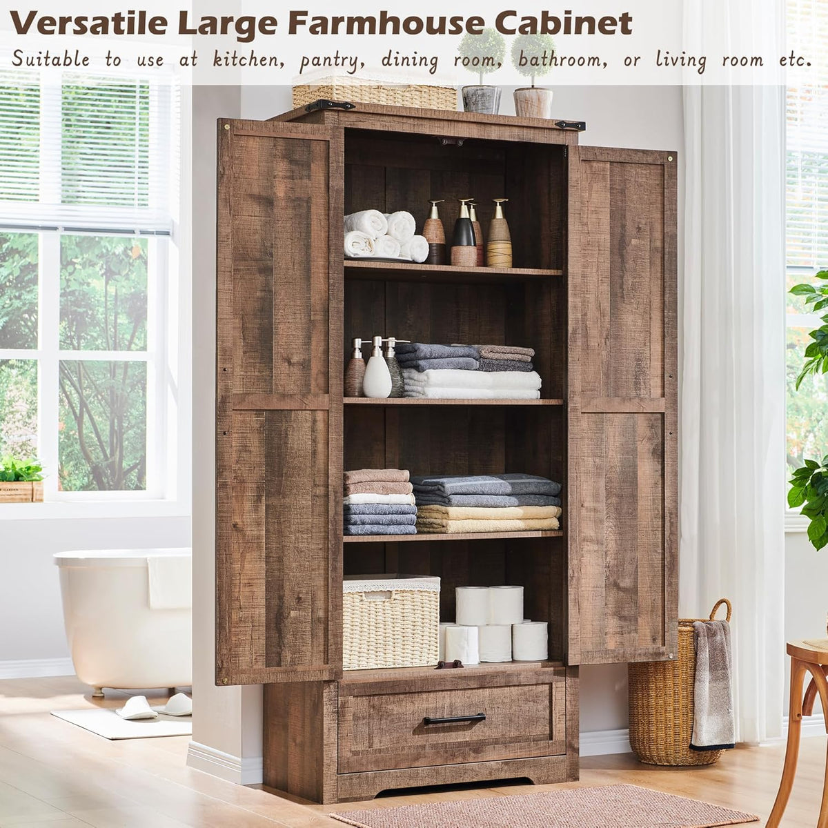 72" Tall Wood Storage Cabinet, Farmhouse Kitchen Pantry Cabinet with Adjustable Shelves & Drawer &