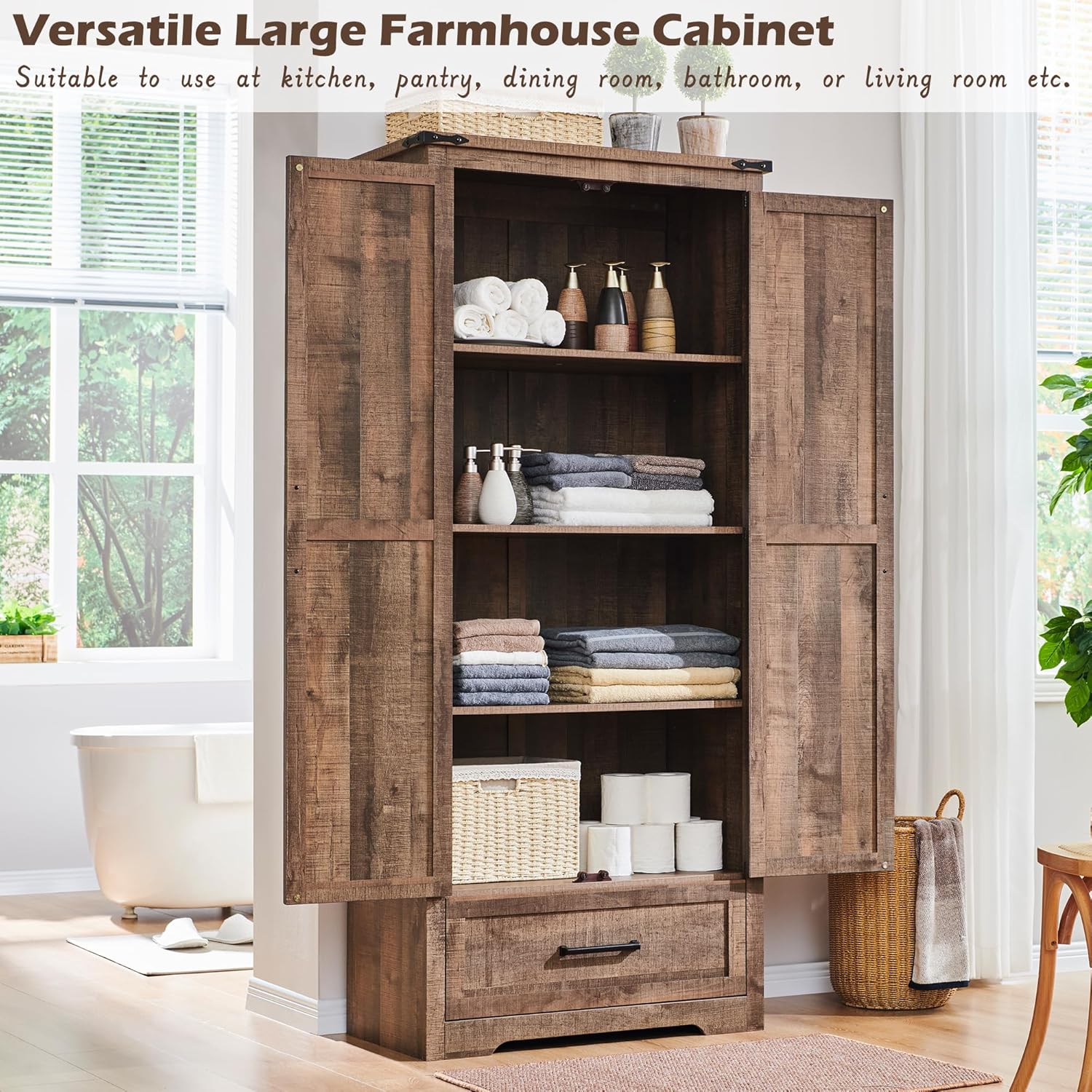 72" Tall Wood Storage Cabinet, Farmhouse Kitchen Pantry Cabinet with Adjustable Shelves & Drawer &
