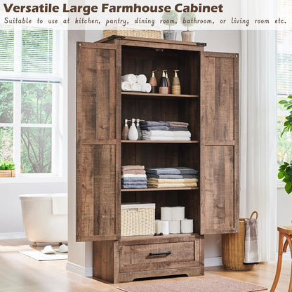 72" Tall Wood Storage Cabinet, Farmhouse Kitchen Pantry Cabinet with Adjustable Shelves & Drawer &