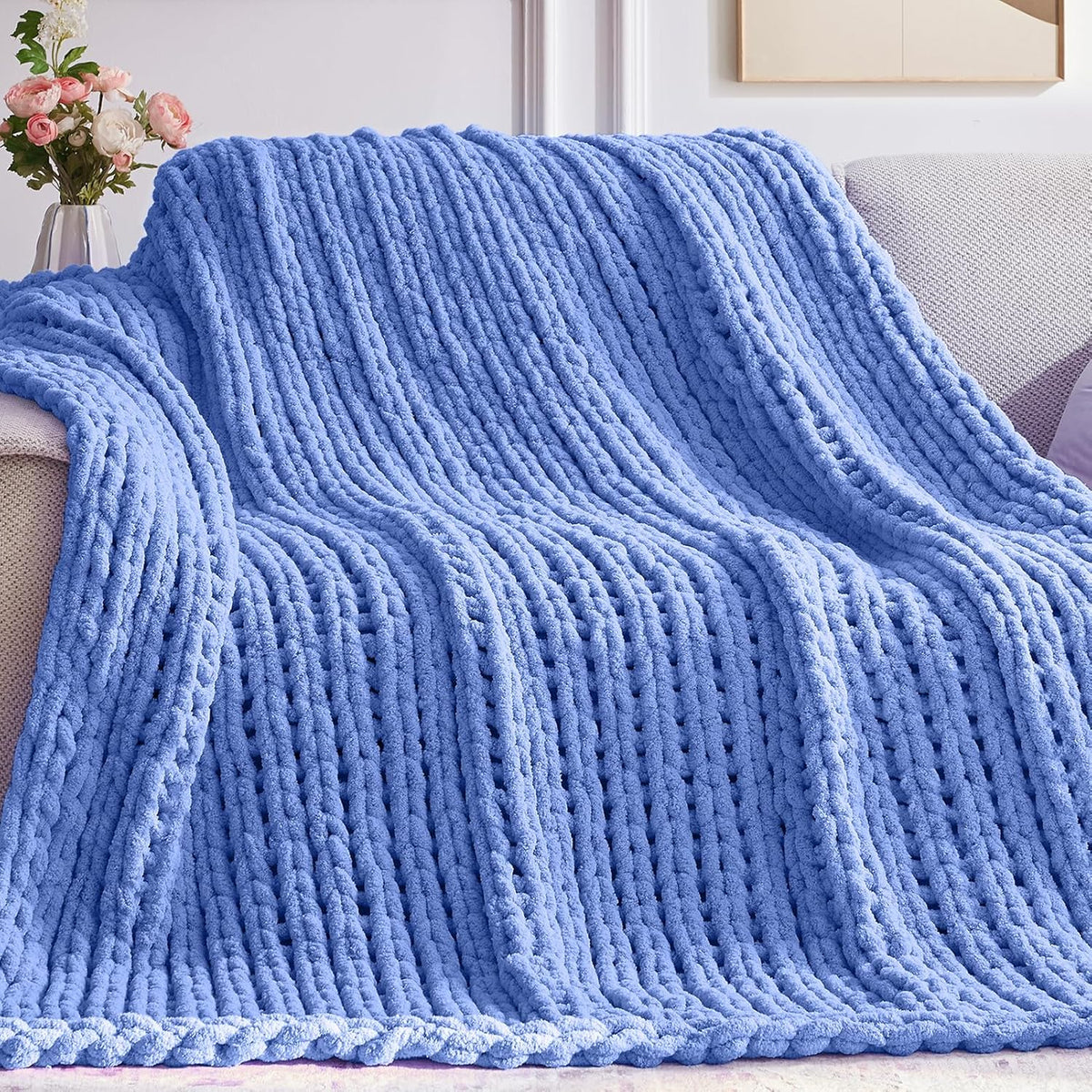 Chunky Knit Throw Blanket, 50''*60'' Knitted Throw Chenille Yarn for Bed Couch, Handmade Light Blue