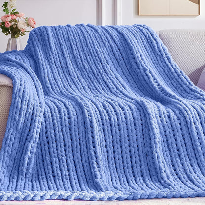 Chunky Knit Throw Blanket, 50''*60'' Knitted Throw Chenille Yarn for Bed Couch, Handmade Light Blue