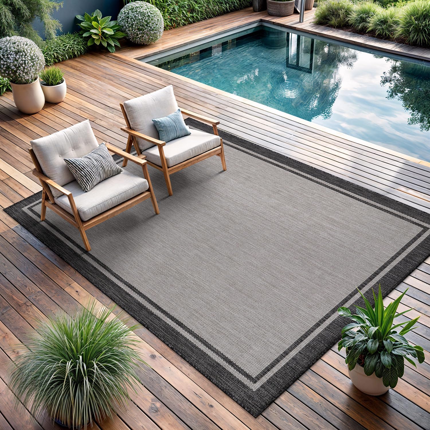 CAMILSON Indoor Outdoor Rug, 5x7 Bordered Gray Modern Area Rugs for Indoor and Outdoor Patios