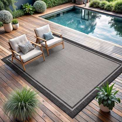 CAMILSON Indoor Outdoor Rug, 5x7 Bordered Gray Modern Area Rugs for Indoor and Outdoor Patios