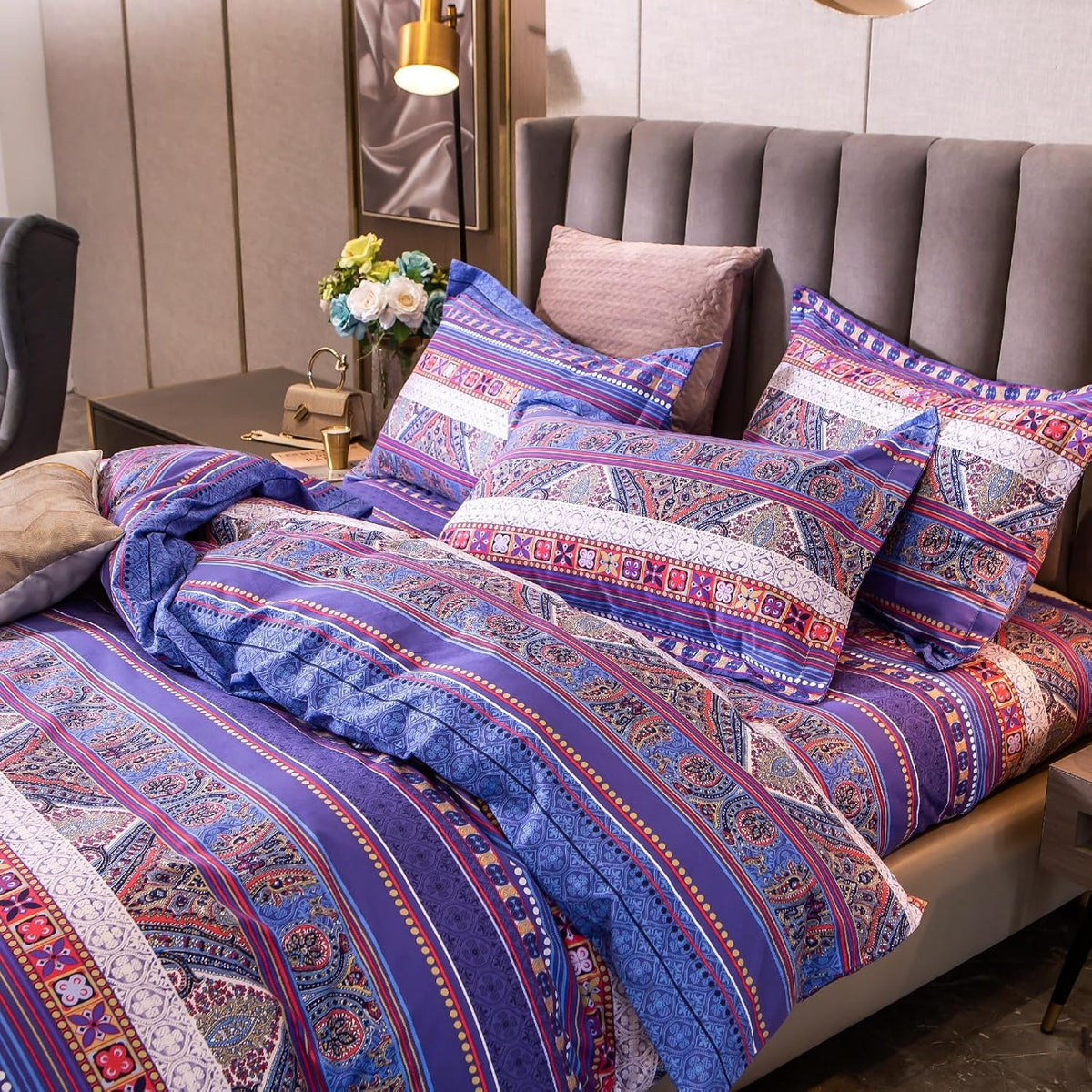 ABREEZE Bohemian Vintage Full Size Floral Cotton Bedding Set 3Pcs Duvet Cover Set Boho Purple