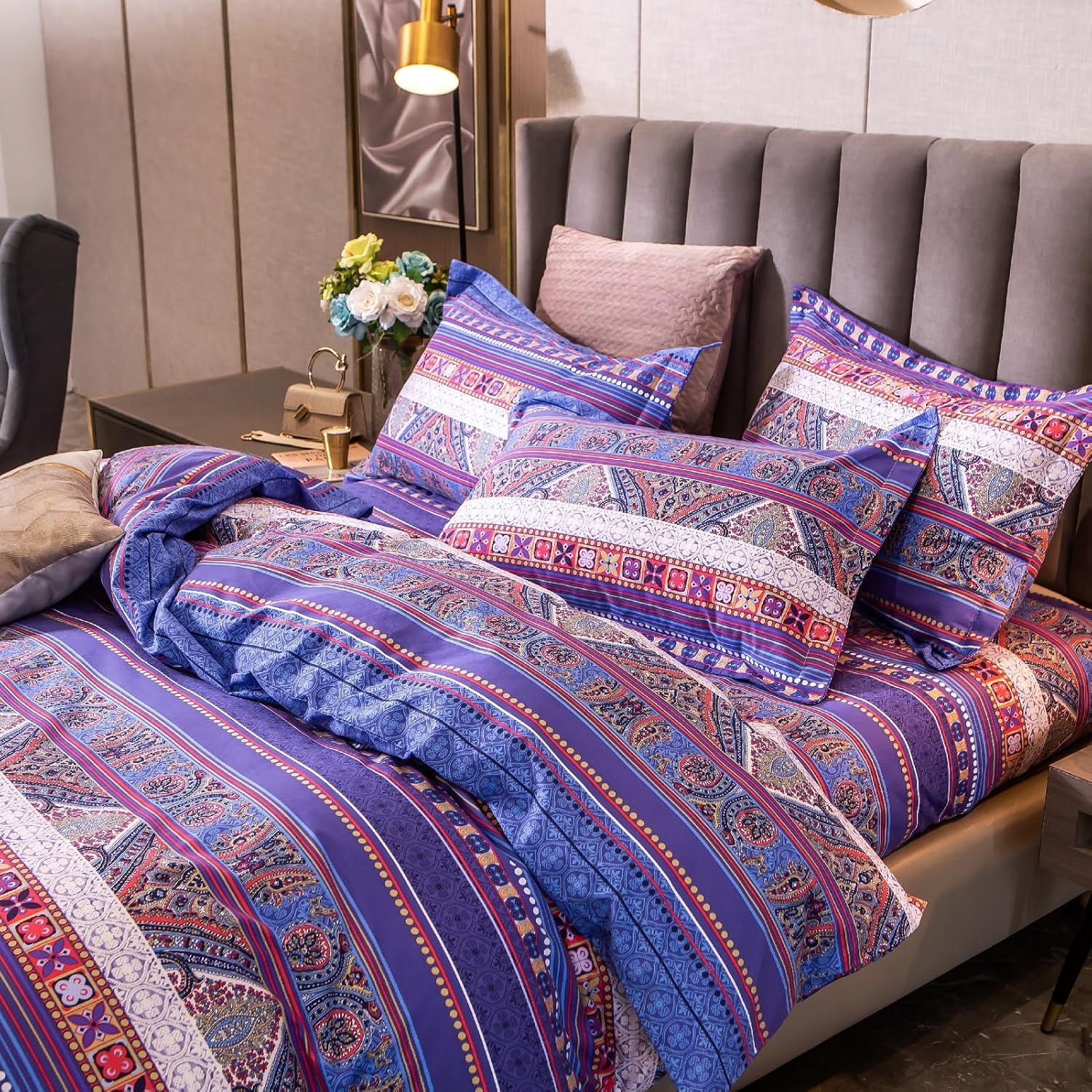 ABREEZE Bohemian Vintage Full Size Floral Cotton Bedding Set 3Pcs Duvet Cover Set Boho Purple