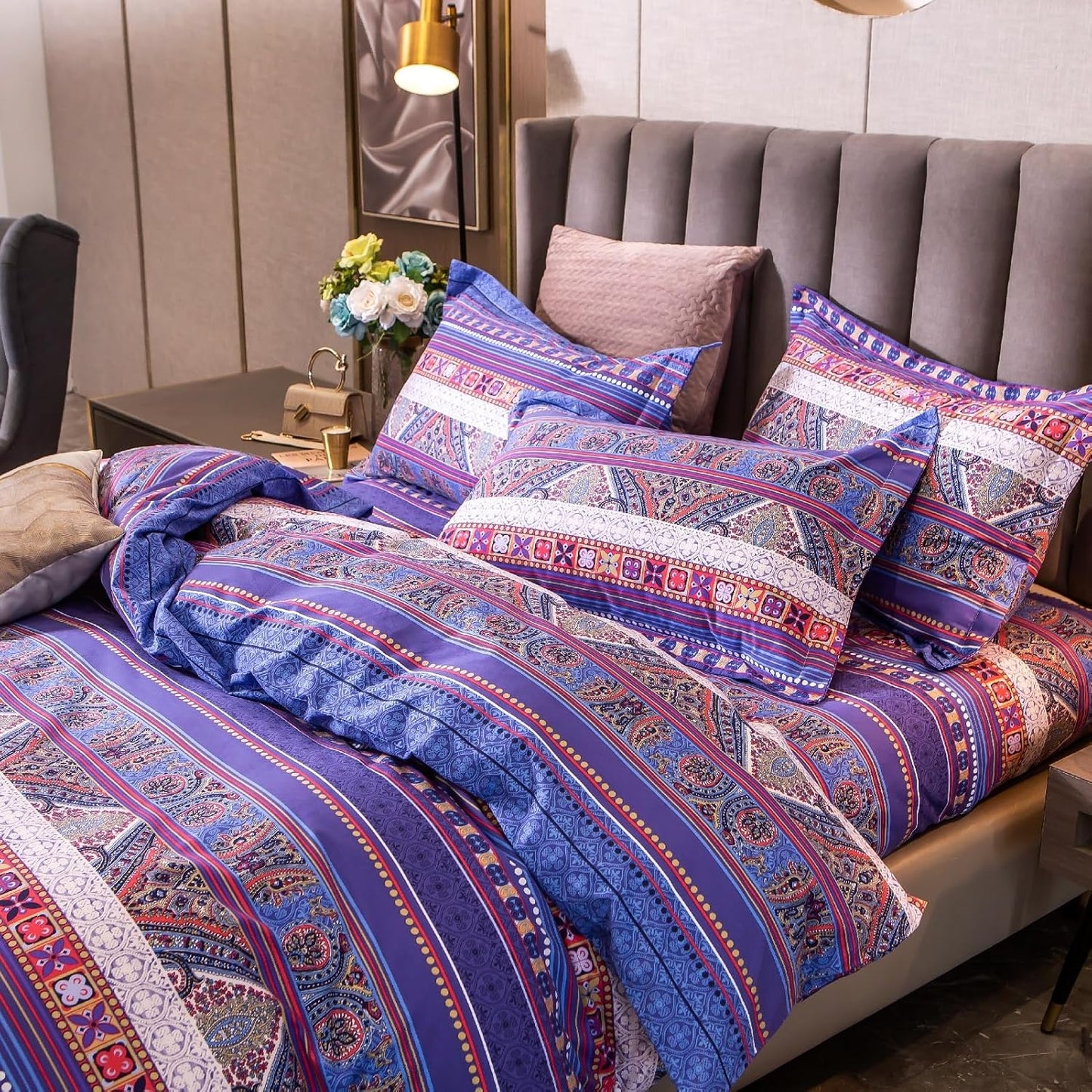 ABREEZE Bohemian Vintage Twin Size Floral Cotton Bedding Set 3Pcs Duvet Cover Set Boho Purple