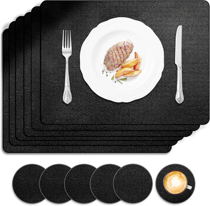 Faux Leather Placemats and Coasters Set of 6, Waterproof, Oil-Proof Wipeable, PVC Leather Place