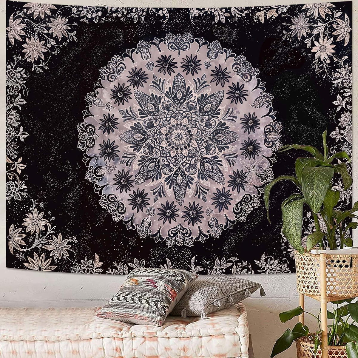 Fowocu Boho Floral Mandala Tapestry Wall Hanging Grey Bohemian Flower Medallion Tapestry Aesthetic