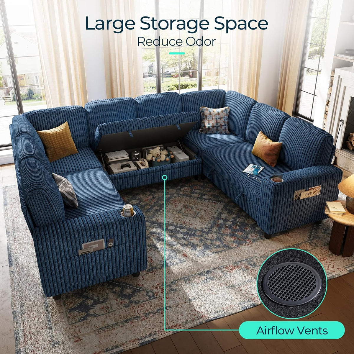 LINSY HOME Sectional Sleeper Sofa with Pull Out Couch Bed - Convertible Plush Corduroy Cloud Couch
