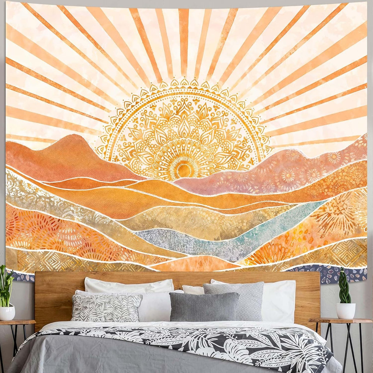 Lunerfex Bohemian Mandala Sunrise Wall Tapestry, Abstract Mountain Scenery Tapestries for Home