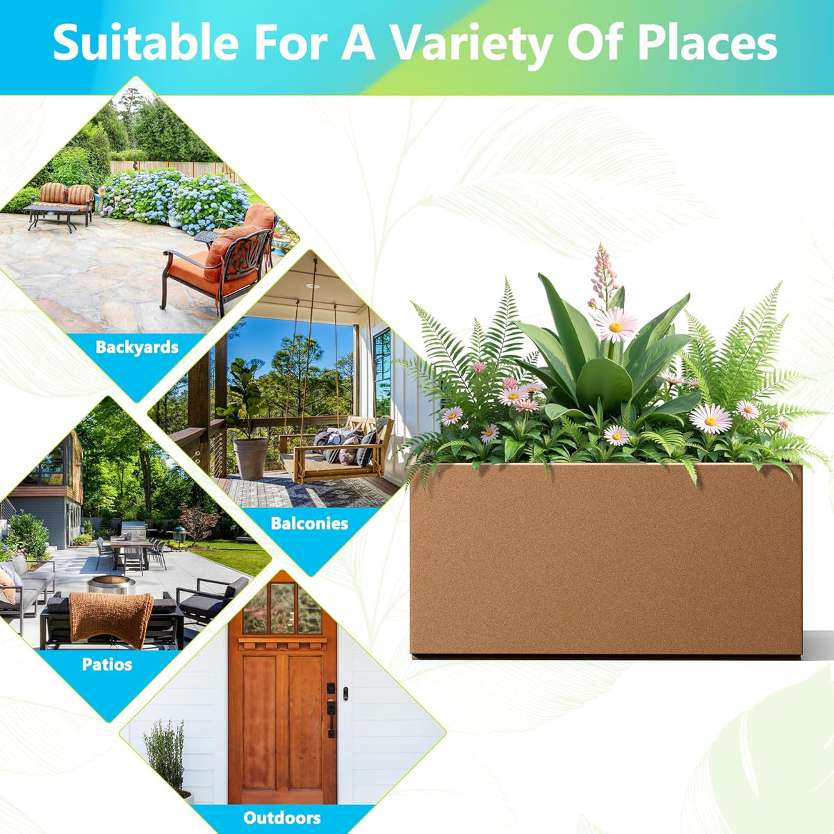 FENCY Metal Rectangular Planter Box, Large Planters for Outdoor Plants, Tall Planters for Outdoor