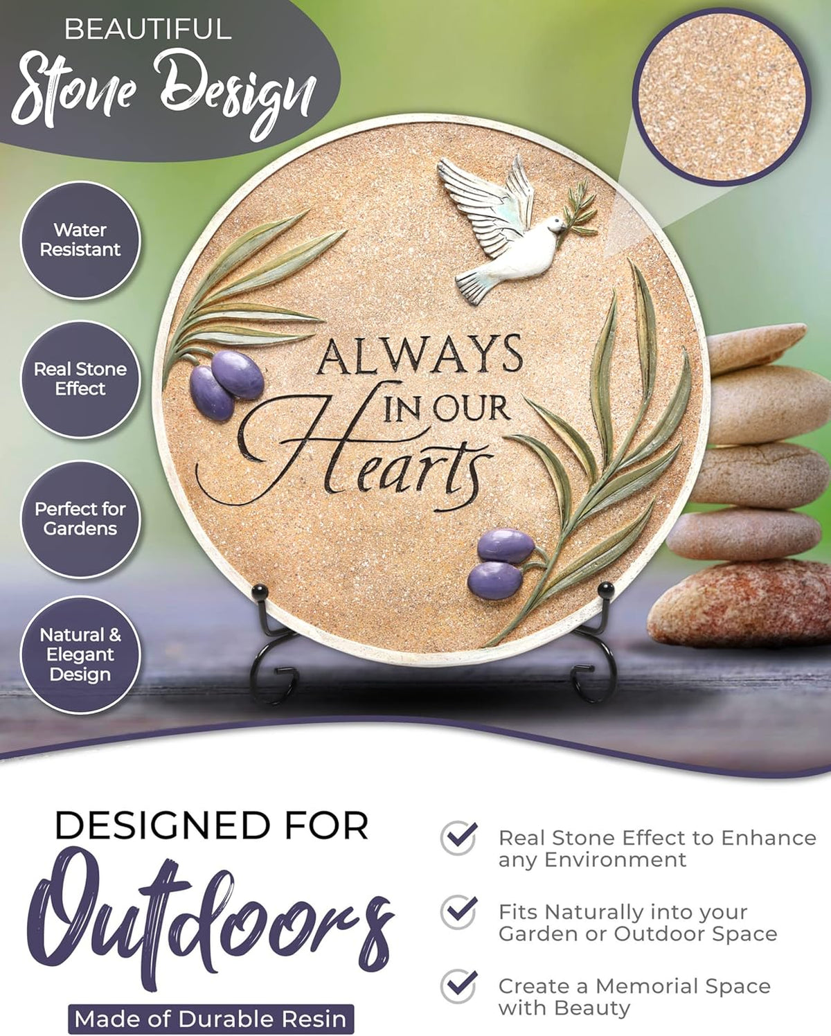 Spiritwind 10-Inch Garden Memorial Stone with Included Plaque Stand & Sympathy Card, Memorial