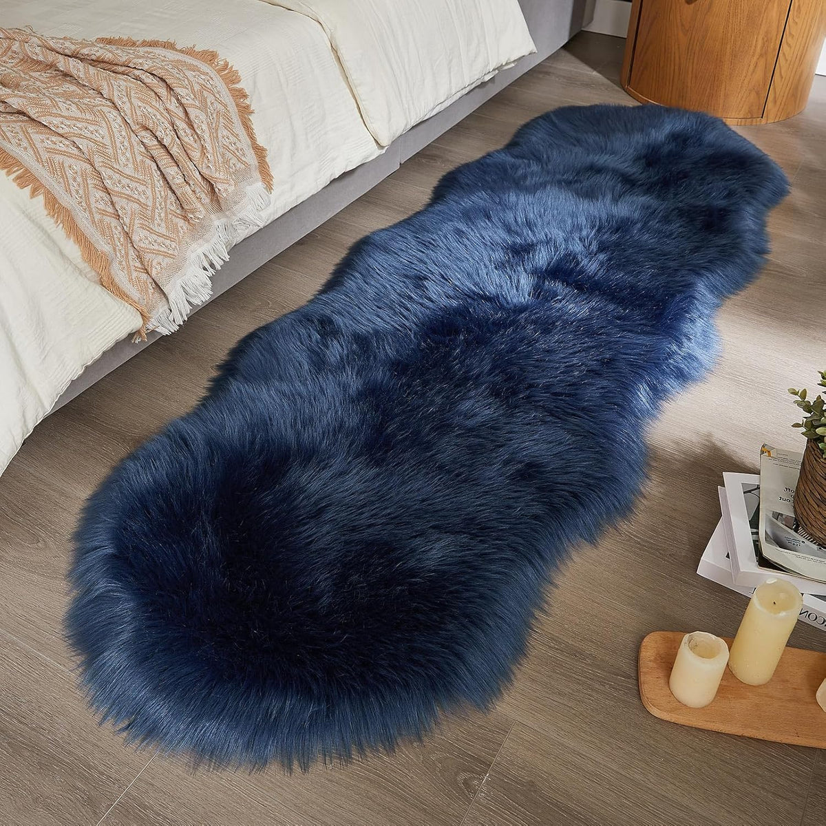 AMTOVO Faux Sheepskin Rug, Dark Blue Ultra Soft Fluffy Shag Area Rug, 2 x 6 ft Faux Fur Rug for