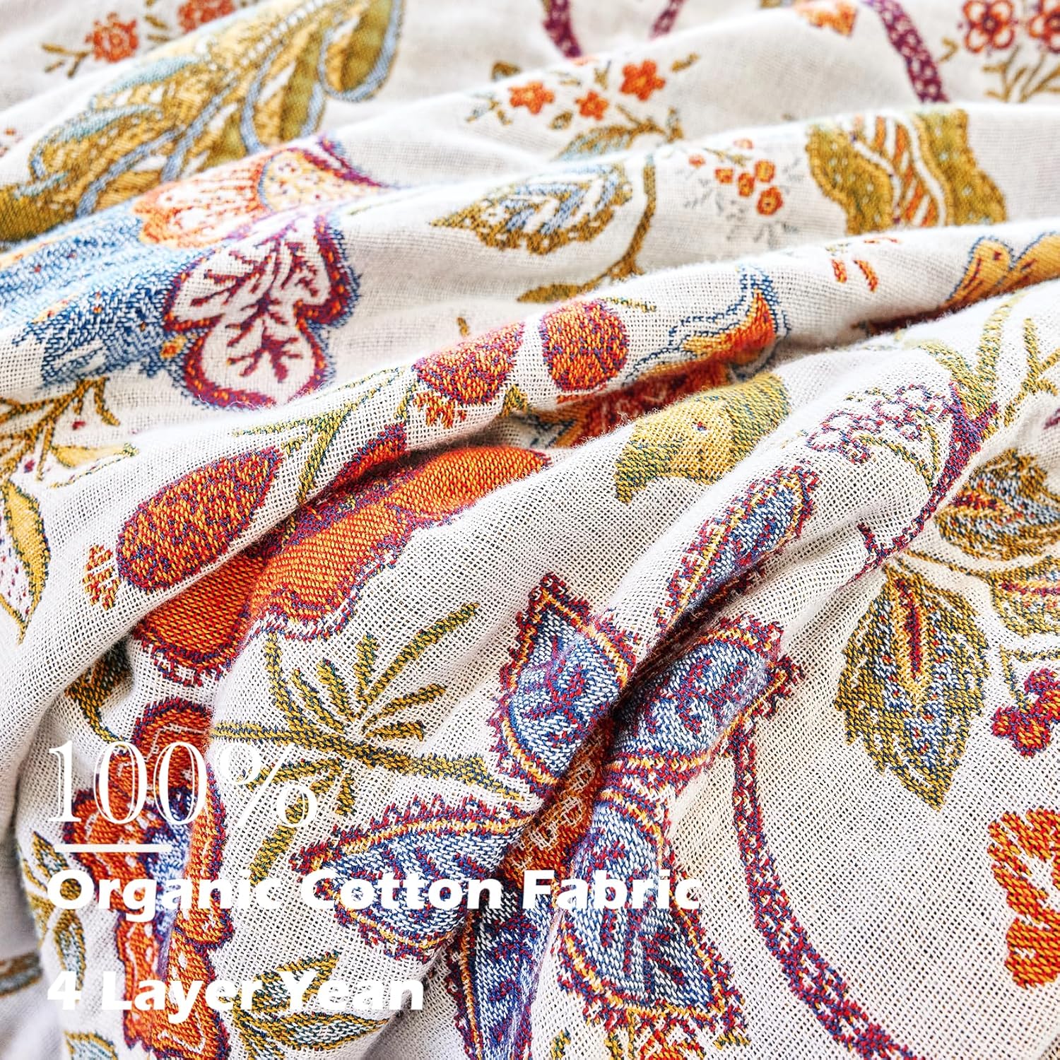 Boho Throw Blanket, 100% Organic Cotton Breathable Ultra Soft Bed Quilt Throw - All Season Floral