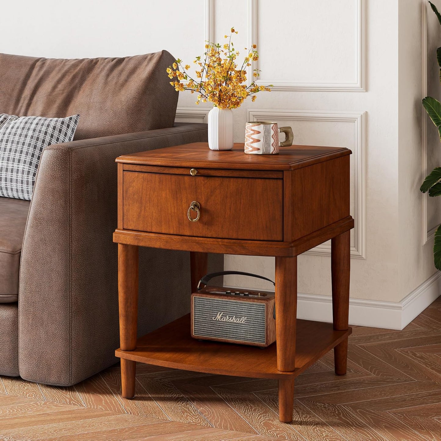 Set of 2 Solid Wood Square End Table with Drawer, 2 Tier Wooden Sofa Side Table with Sliding Shelf