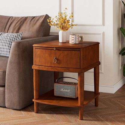 Set of 2 Solid Wood Square End Table with Drawer, 2 Tier Wooden Sofa Side Table with Sliding Shelf