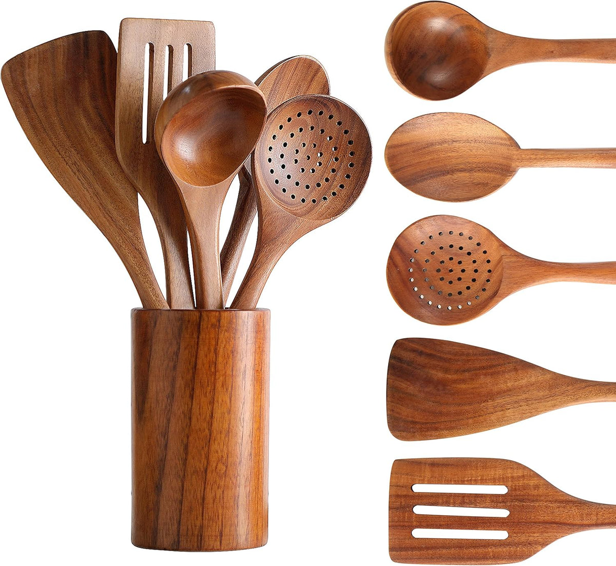Wooden Spoons for Cooking, Cooking Utensils Set of 6 Natural Teak Wooden Cooking Spatulas with