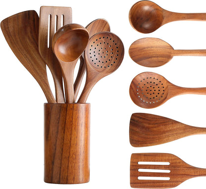 Wooden Spoons for Cooking, Cooking Utensils Set of 6 Natural Teak Wooden Cooking Spatulas with
